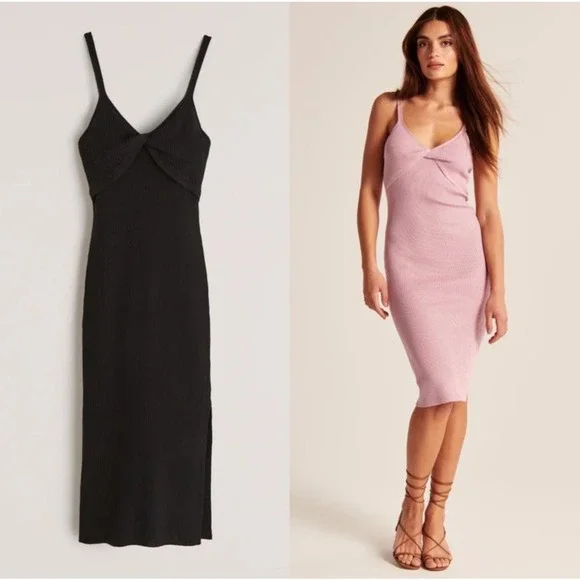 Abercrombie Fitch Twist Front Midi Knit Sweater Dress V-Neck Sleeveless  Black